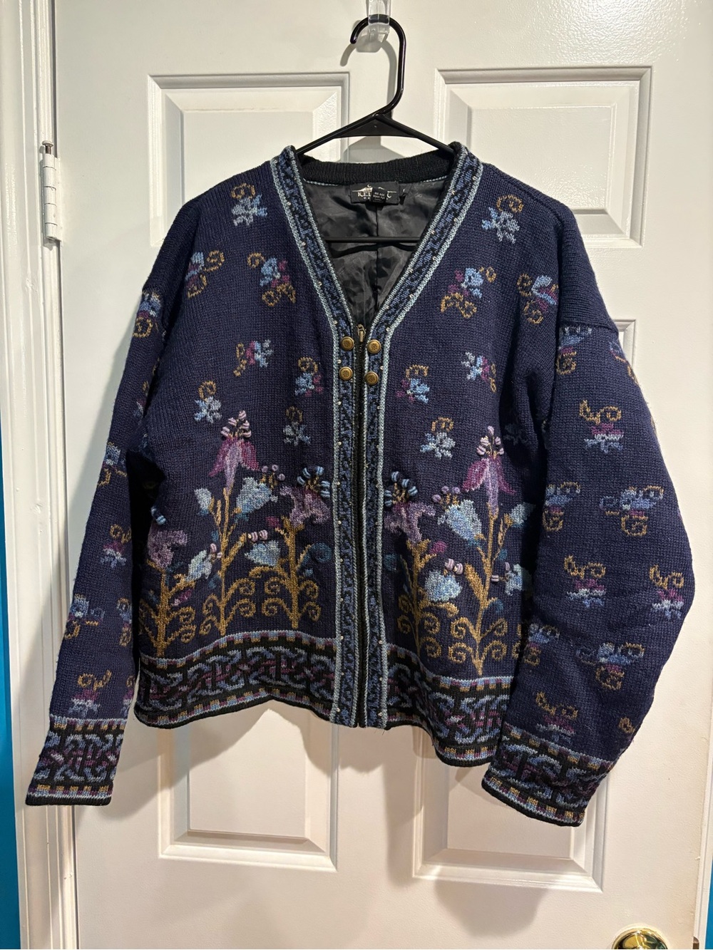 Icelandic Design floral embroidered wool knit cardigan jacket sz XL blue